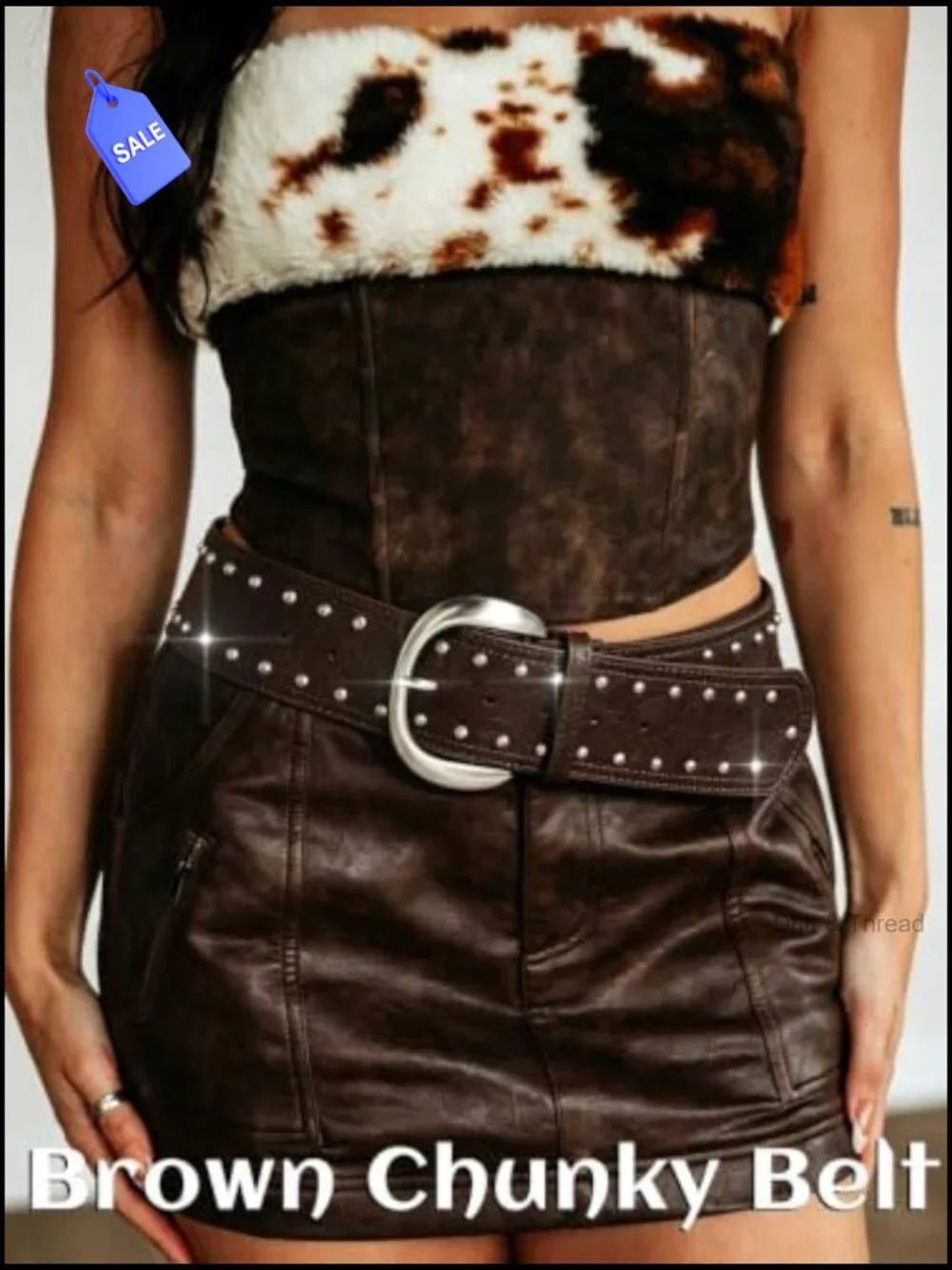 Chunky Wide Buckle Belt with Silver Rivets for Dresses Pants Y2K Cowgirl Punk